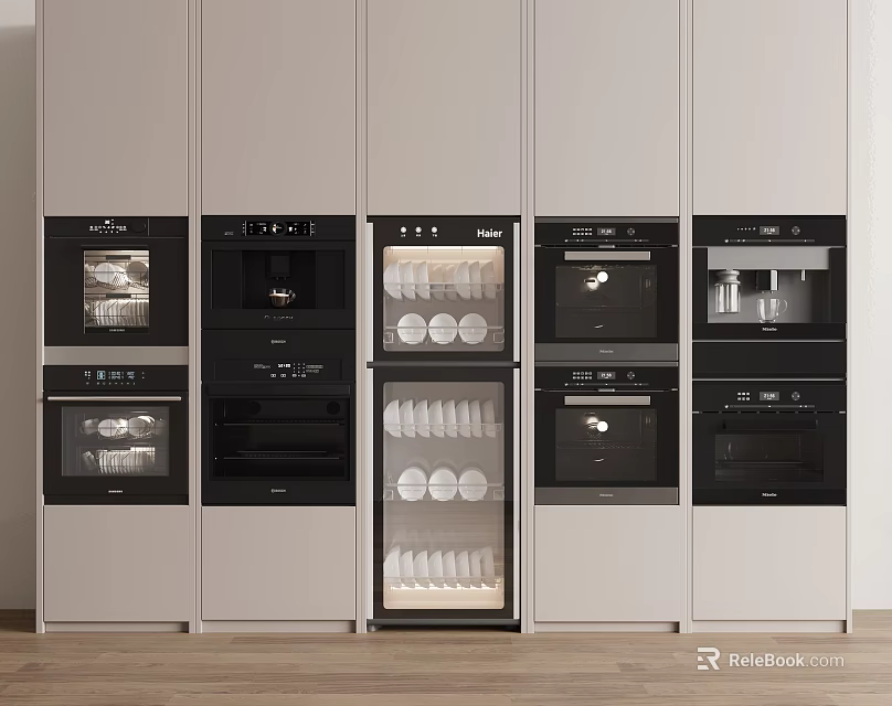 Modern Built-in Kitchen Appliances Integrated In Light Colored Cabinets With Glass Doors Displaying Dishes 3d model 