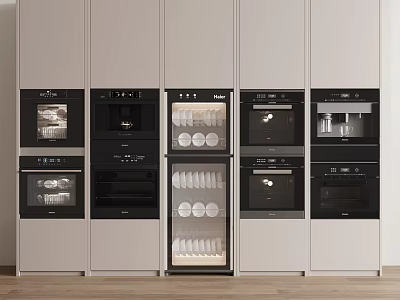 Modern Built-in Kitchen Appliances Integrated In Light Colored Cabinets With Glass Doors Displaying Dishes 3d model