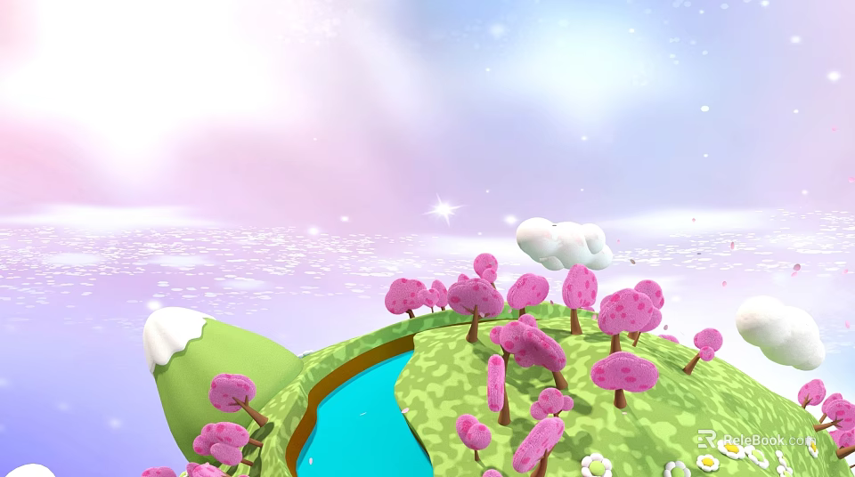 Fantasy Natural Scene With Pink Trees Green Grass Blue Lake White Clouds And Stars 3d model 