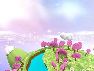 Fantasy Natural Scene With Pink Trees Green Grass Blue Lake White Clouds And Stars 3d model