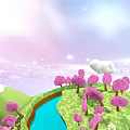 Fantasy Natural Scene With Pink Trees Green Grass Blue Lake White Clouds And Stars