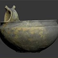 Traditional Hand Carved Ceramic Sculpture With Curved Handle And Ancient Textured Surface