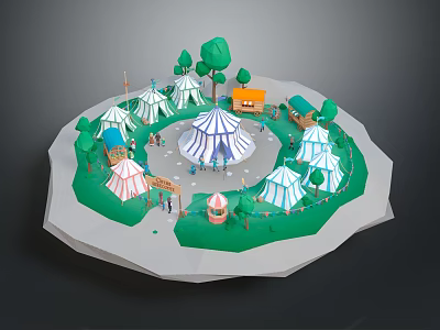 Cartoon Circus Scene With Circular Layout Colorful Tents Central Big Top And Green Trees 3d model