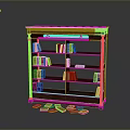 Dark Red Wooden Bookshelf With Multiple Shelves Holding Colorful Books And Scattered Papers
