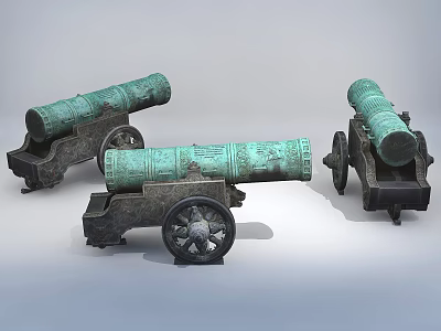 Ancient Bronze Cannons As Historical Weapons With Wheel Base And Carved Barrels 3d model