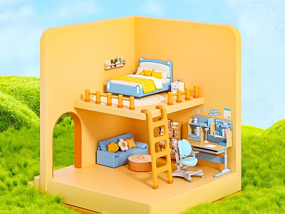 Yellow Cartoon Scene With Two Story Bed Sofa Table Chair Green Grass And Blue Sky 3d model