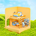 Yellow Cartoon Scene With Two Story Bed Sofa Table Chair Green Grass And Blue Sky