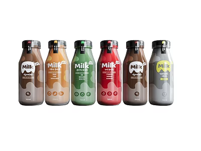 Vibrant Milk Drinks In Assorted Colored Bottles With Black Caps 3d model
