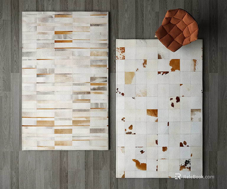 Square Cowhide Rugs Featuring Modern Design Striped Irregular Patchwork in White Beige Brown Tones 3d model