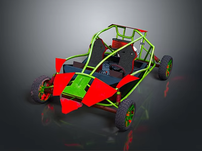 Off Road Go Kart Featuring Green Frame Red Body Black Seats And Wheels 3d model