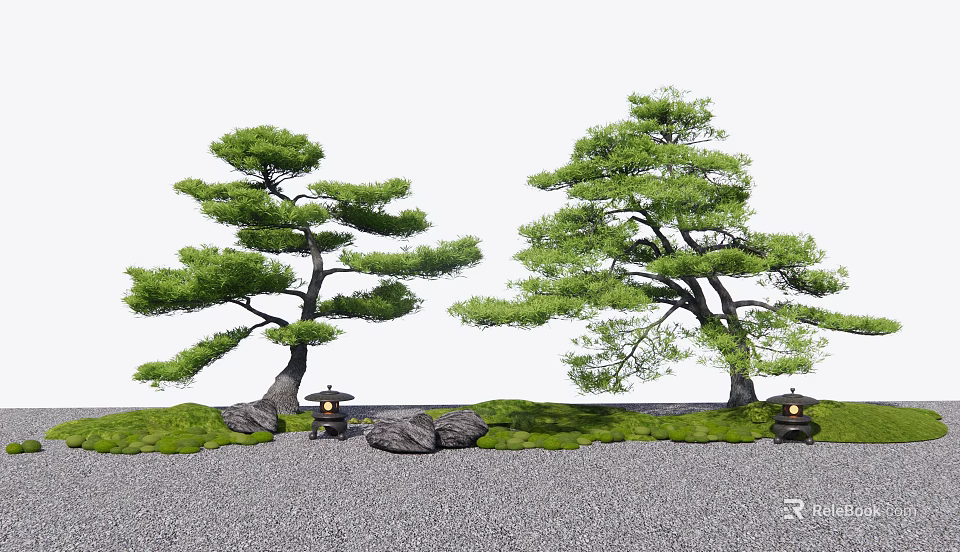 Two Green Trees with Stones Underneath and Lanterns Beside Gravel Path and Grass 3d model 
