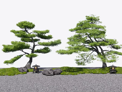 Two Green Trees with Stones Underneath and Lanterns Beside Gravel Path and Grass 3d model