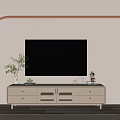 Beige Modern TV Stand With Black TV Arched Wall Green Plants And Decorative Items