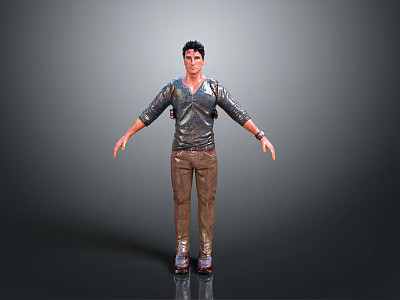 Man in shiny leather shirt and brown pants standing with arms outstretched against gray background 3d model