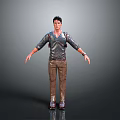 Man in shiny leather shirt and brown pants standing with arms outstretched against gray background