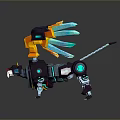 Mechanical Black Orange Game Movie Character With Blue Glowing Wings Lion like Head Design