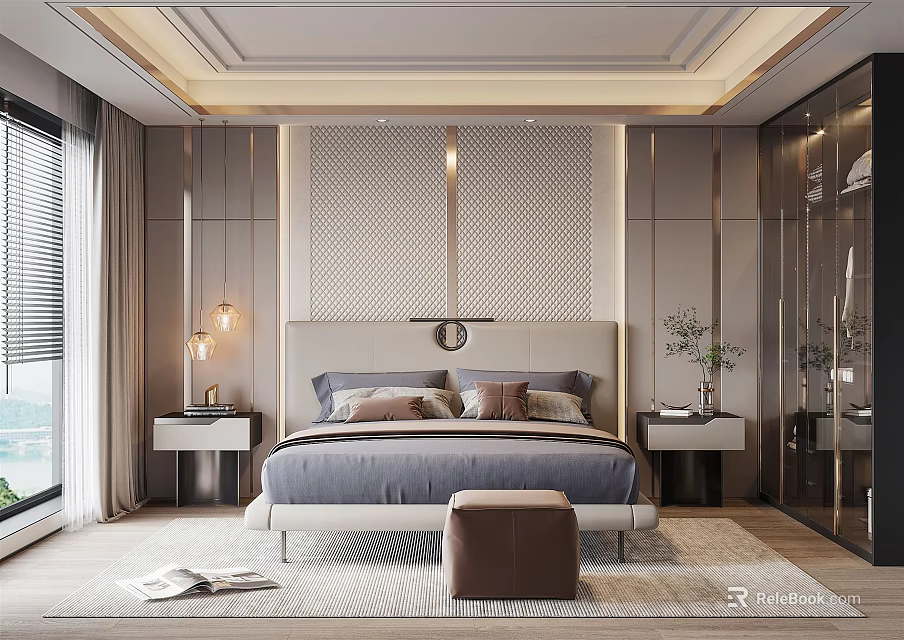 Modern Elegant Bedroom Interior Design With Textured Headboard Wall Nightstands Lamps Area Rug and Bench 3d model 