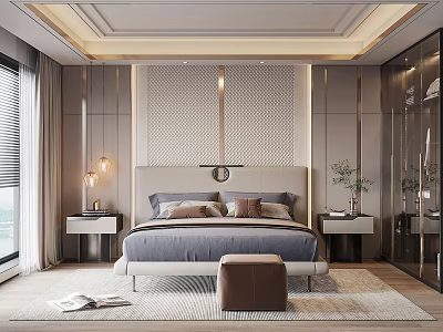 Modern Elegant Bedroom Interior Design With Textured Headboard Wall Nightstands Lamps Area Rug and Bench 3d model