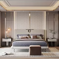 Modern Elegant Bedroom Interior Design With Textured Headboard Wall Nightstands Lamps Area Rug and Bench