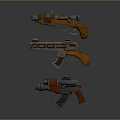 Three Futuristic Sci Fi Pistols With Retro Design Elements And Orange Grips 3d model