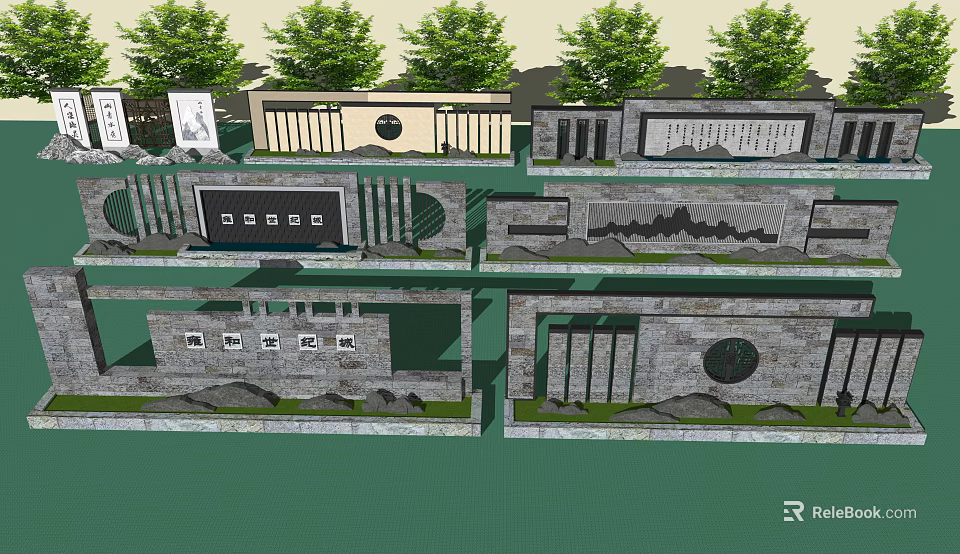 Diverse Garden Feature Walls Design With Stone Material Circular Elements And Carved Patterns 3d model