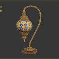 Traditional Copper Curved Stand Table Lamp With Colorful Mosaic Globe Shade And Hexagonal Base