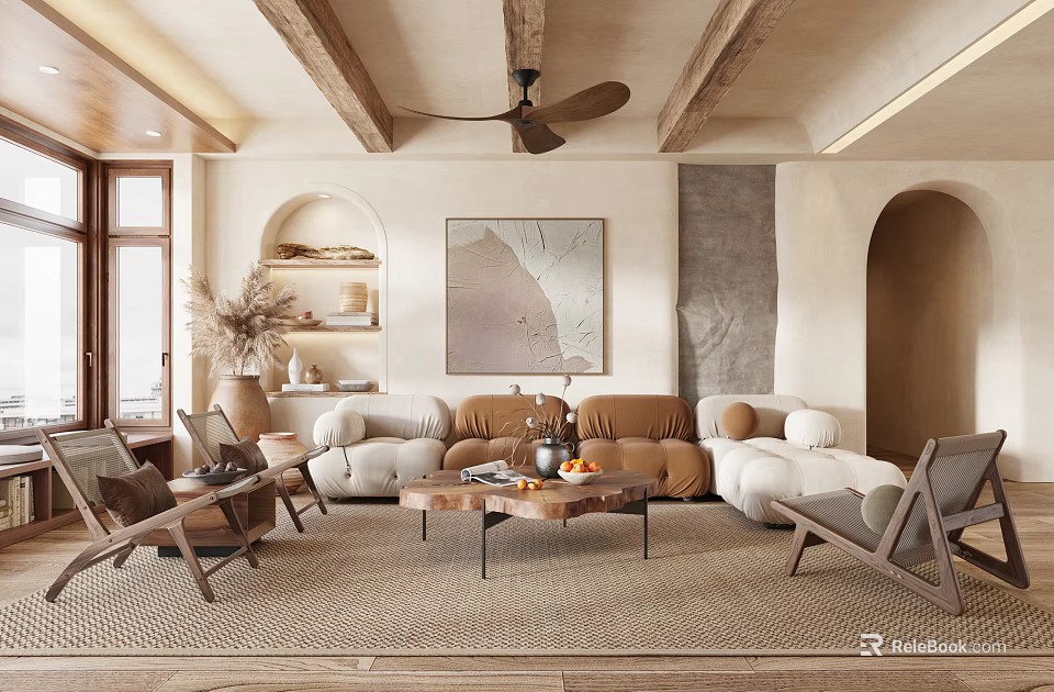 Warm Living Room Interior With Wooden Beams Ceiling Fan Arched Doorway Cozy Sofa And Woven Rug 3d model 