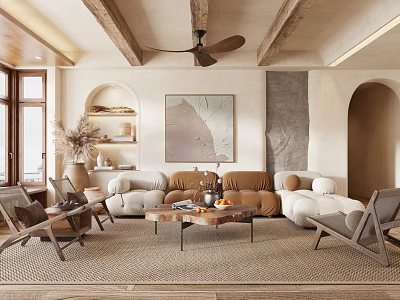 Warm Living Room Interior With Wooden Beams Ceiling Fan Arched Doorway Cozy Sofa And Woven Rug 3d model
