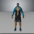 Masked 3D Character With Blue Jacket Black Patterned Shorts Wrist Guards And Blue Shoes