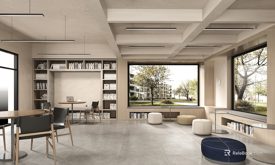 Multifunctional Room With Built in Bookshelves Large Window Trees View Tables Chairs And Round Stools 3d model 