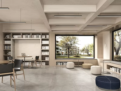 Multifunctional Room With Built in Bookshelves Large Window Trees View Tables Chairs And Round Stools 3d model