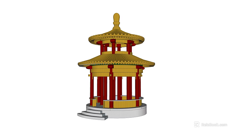 Traditional Chinese Pavilion With Multi Tiered Golden Roof Red Pillars And Ornamental Finial 3d model 