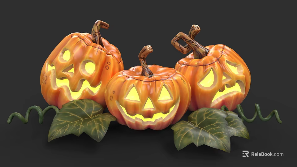 Halloween Jack o Lanterns Featuring Carved Smiling Faces Yellow Glowing Lights Green Leaves And Vines 3d model 
