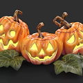 Halloween Jack o Lanterns Featuring Carved Smiling Faces Yellow Glowing Lights Green Leaves And Vines