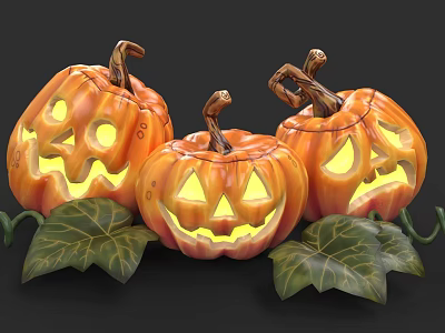 Halloween Jack o Lanterns Featuring Carved Smiling Faces Yellow Glowing Lights Green Leaves And Vines 3d model