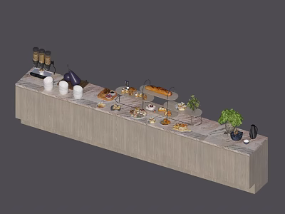 Delicious Food Selection On Modern Buffet Table With Marble Counter And Green Plant Decorations 3d model