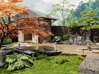 Japanese Style Garden Courtyard With Red Maple Tree Gazebo Stone Features And Water Pond 3d model