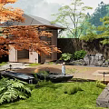 Japanese Style Garden Courtyard With Red Maple Tree Gazebo Stone Features And Water Pond