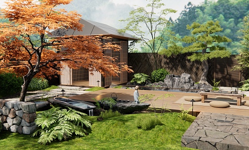 Japanese Zen Courtyard Landscape Homestay Courtyard rockery Waterscape Pavilion Stone Red Maple Plant Landscape Wall 3d model