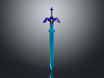 Fantasy Sword With Blue Transparent Blade Purple Yellow Wing Shaped Hilt 3D Rendered Design 3d model