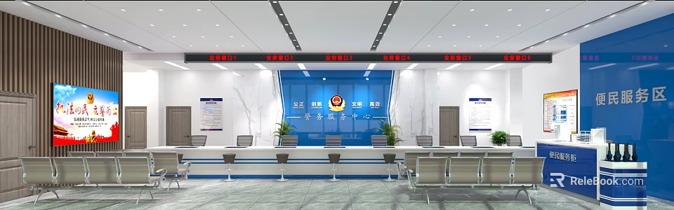 Traffic Police Service Hall With Blue Background Marble Walls Service Counter Seats And Plants 3d model 