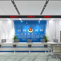 Traffic Police Service Hall With Blue Background Marble Walls Service Counter Seats And Plants