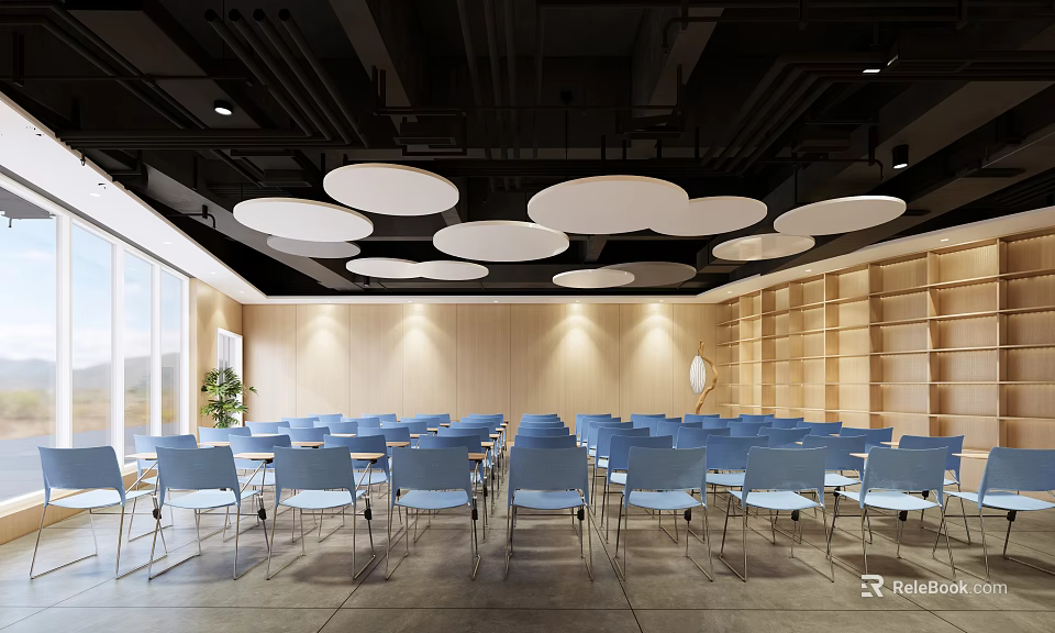 School Assembly Hall With Neatly Arranged Blue Chairs Wooden Bookshelves And Round White Ceiling Lights 3d model 