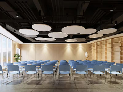 School Assembly Hall With Neatly Arranged Blue Chairs Wooden Bookshelves And Round White Ceiling Lights 3d model
