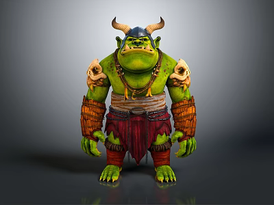 Fierce Green Orc Game Movie Character With Horned Viking Helmet Skull Necklace And Armor Bracers 3d model