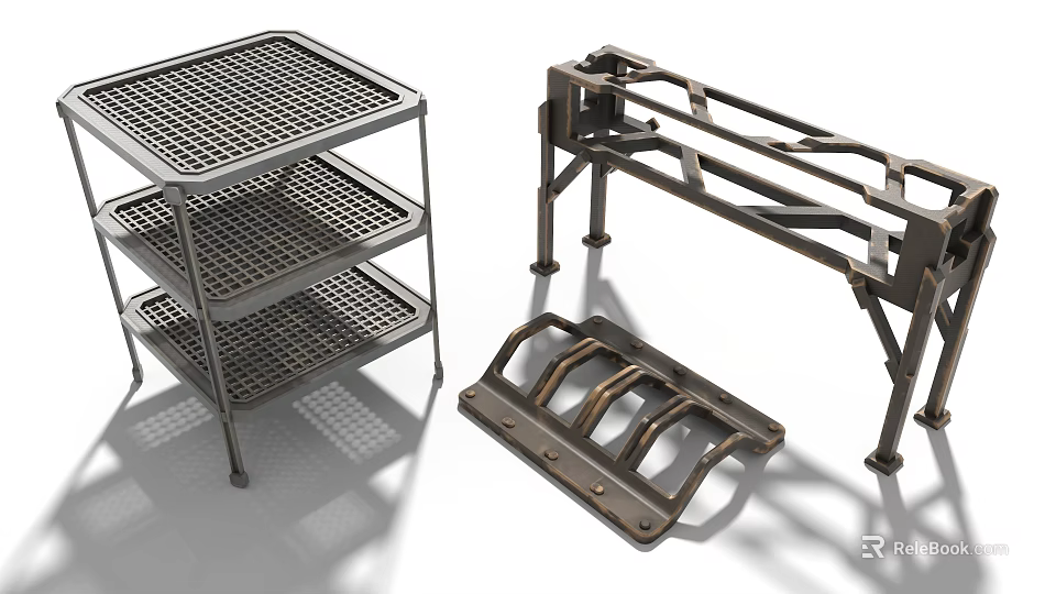 Industrial Equipment Metal Shelving Units With Grid Layers And Structural Frames 3d model 