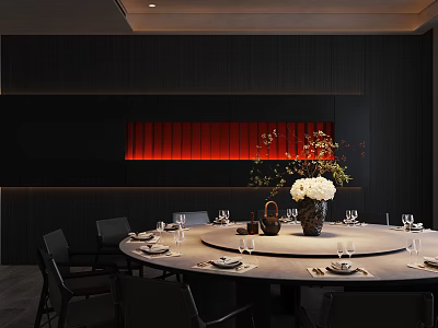 Private Dining Room With Round Table Dark Wood Walls Red Accent And Flower Arrangement 3d model