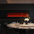 Private Dining Room With Round Table Dark Wood Walls Red Accent And Flower Arrangement