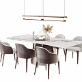 Elegant Dining Table Set with Marble Top Brown Leather Checkered Chairs and Pendant Light 3d model