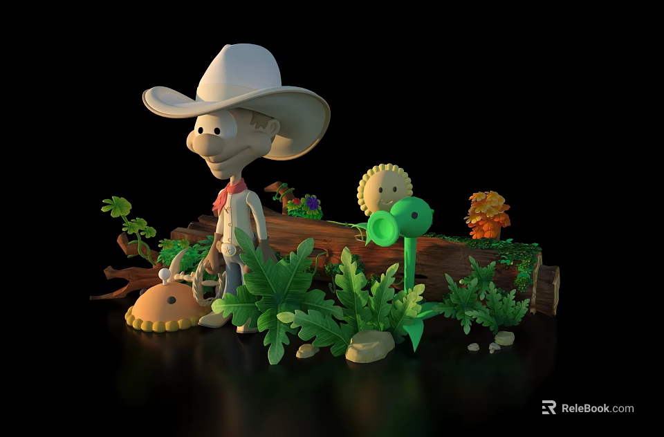 Kids Play Area Featuring Cartoon Cowboy Character White Cowboy Hat Green Plants And Colorful Flowers 3d model 